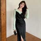Long-sleeve Plain Top / Sleeveless Side-slit Midi Dress