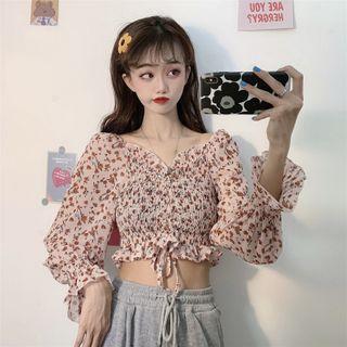 Long-sleeve Floral Print Shirred Chiffon Crop Top