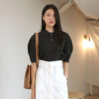 Puff-sleeve Knit Polo Shirt