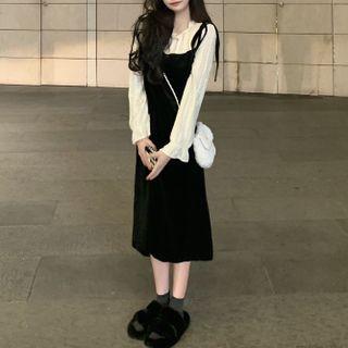 Color Block Mock Two-piece Lace Long-sleeve Dress
