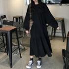 Puff-sleeve Midi A-line Dress Black - One Size