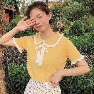 Short-sleeve Frill Trim Ribbon Knit Top