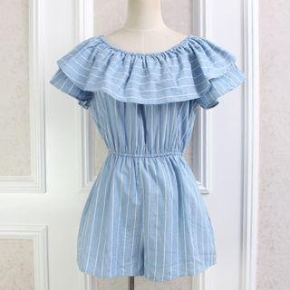 Striped Off Shoulder Short Sleeve Playsuit