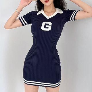 Short-sleeve V-neck Lettering Print Knit Mini Bodycon Dress