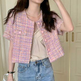 Short-sleeve Plaid Jacket Plaid - Pink & Purple - One Size