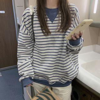 Round-neck Striped Long-sleeve Sweatshirt Gray & Blue - One Size