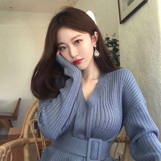 Tie-waist Rib-knit Cardigan Gray - One Size