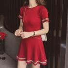 Ribbon Trim Short-sleeve A-line Knit Dress