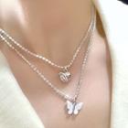 Set: Alloy Heart / Butterfly Pendant Necklace Set Of 2 - 0566a - Alloy Heart & Butterfly Pendant Necklace - One Size