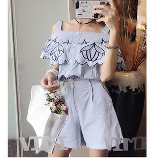 Set: Embroidered Cold Shoulder Short-sleeve Top + Wide Leg Shorts