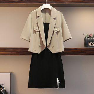 Short-sleeve Cropped Blazer / Spaghetti Strap Mini A-line Dress