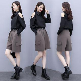 Set: Long Sleeve Cold Shoulder Shirt + Plain Shorts