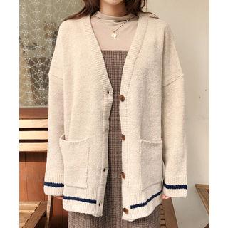 Drop-shoulder Pipe-trim Cardigan