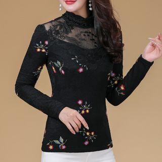 Long-sleeve Floral Embroidered Lace Top