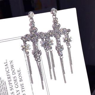 Rhinestone Cross Fringed Earring 1 Pair - Silver Earrings - Silver - One Size
