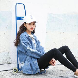 Lettering Distressed Buttoned Denim Jacket