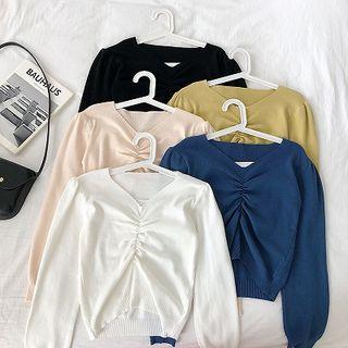 Plain Frilled V-neck Long-sleeve Knit Top