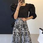 Puff Elbow-sleeve Top / Floral Midi A-line Skirt