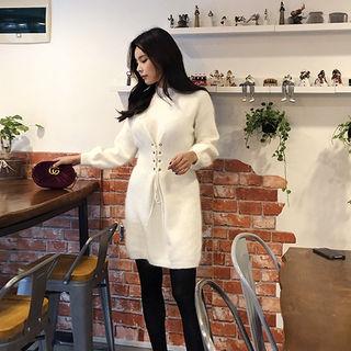 Crew-neck Lace-up Furry Sweater Dress