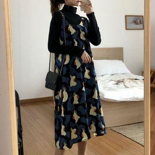 Parrot Print Midi Chiffon A-line Skirt / Spaghetti Strap Dress