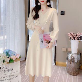 Long-sleeve V-neck Double Breasted Knit Dress