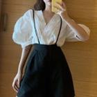 Puff-sleeve Perforated Trim Blouse / Wide-leg Suspender Shorts