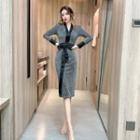 Long-sleeve V-neck Contrast Trim Sheath Dress