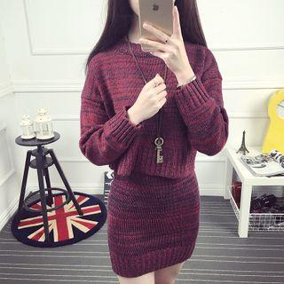 Set: Plain Crew-neck Sweater + Knit Mini Pencil Skirt