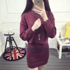 Set: Plain Crew-neck Sweater + Knit Mini Pencil Skirt