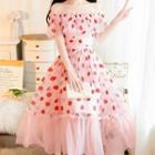 Strawberry Print Off-shoulder Short-sleeve Maxi A-line Dress