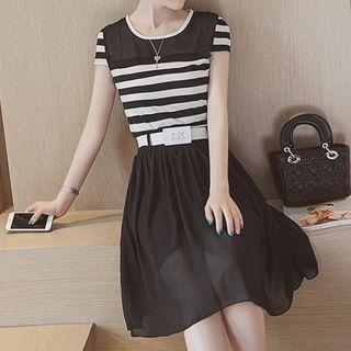 Striped Short-sleeve A-line Dress With Belt