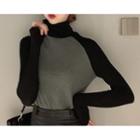 Color Block Turtleneck Long-sleeve T-shirt Gray & Black - One Size
