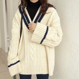 V-neck Plain Contrast Trim Cable Knit Loose Fit Sweater