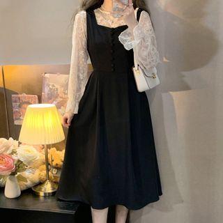 Set: Bell-sleeve Lace Blouse + Midi A-line Overall Dress