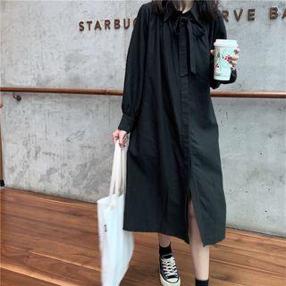 Long-sleeve Ribbon Midi Shirt Dress Black - One Size