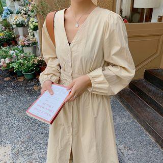 Long-sleeve Button-up V-neck Midi A-line Dress