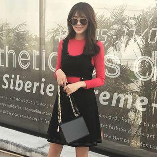 Set: Ribbed Long-sleeve Top + Pinafore Dress