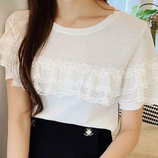 Short-sleeve Ruffled Lace Paneled Knit Top