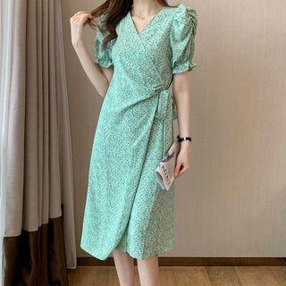 Short-sleeve Floral Print Midi Wrap Dress