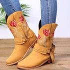 Block Heel Floral Embroidered Mid Calf Cowboy Boots