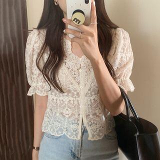 Bell-sleeve V-neck Lace Blouse Almond - One Size