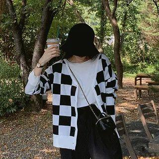 Drop-shoulder Patterned Cardigan Black - One Size