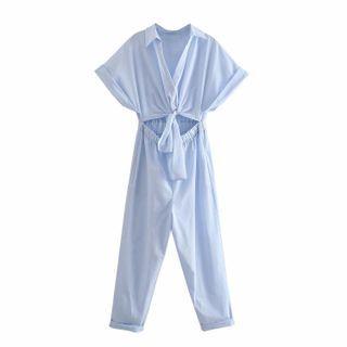Short-sleeve Cut-out Straight-leg Jumpsuit