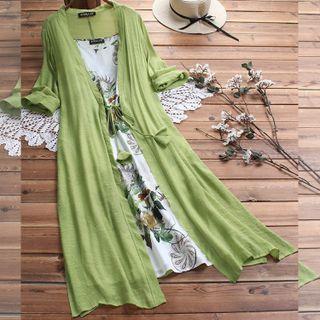 Set : Plain Strap Thin Jacket + Print Spaghetti-strap Dress