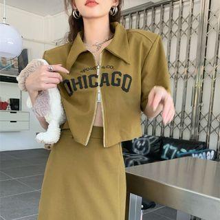 Short-sleeve Zip-up Lettering Top / Skirt