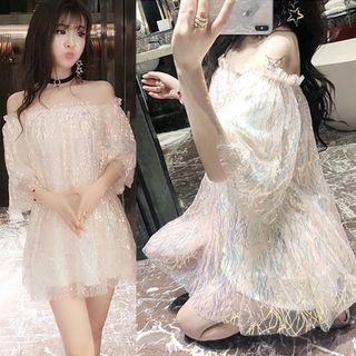 Off Shoulder Elbow-sleeve Mini Dress Almond - One Size