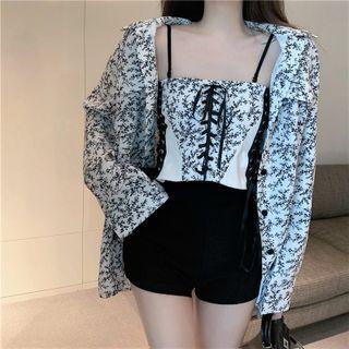 Long-sleeve Floral Blouse / Sleeveless Lace-up Top