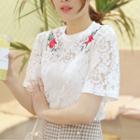 Rose Embroidered Lace Short-sleeve T-shirt