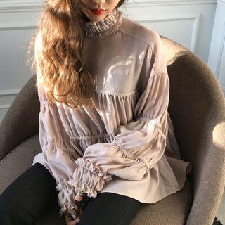 Long-sleeve Crinkled Chiffon Top Nude Pink - One Size
