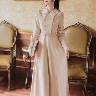 Long-sleeve Flower Embroidered Collared Maxi A-line Dress